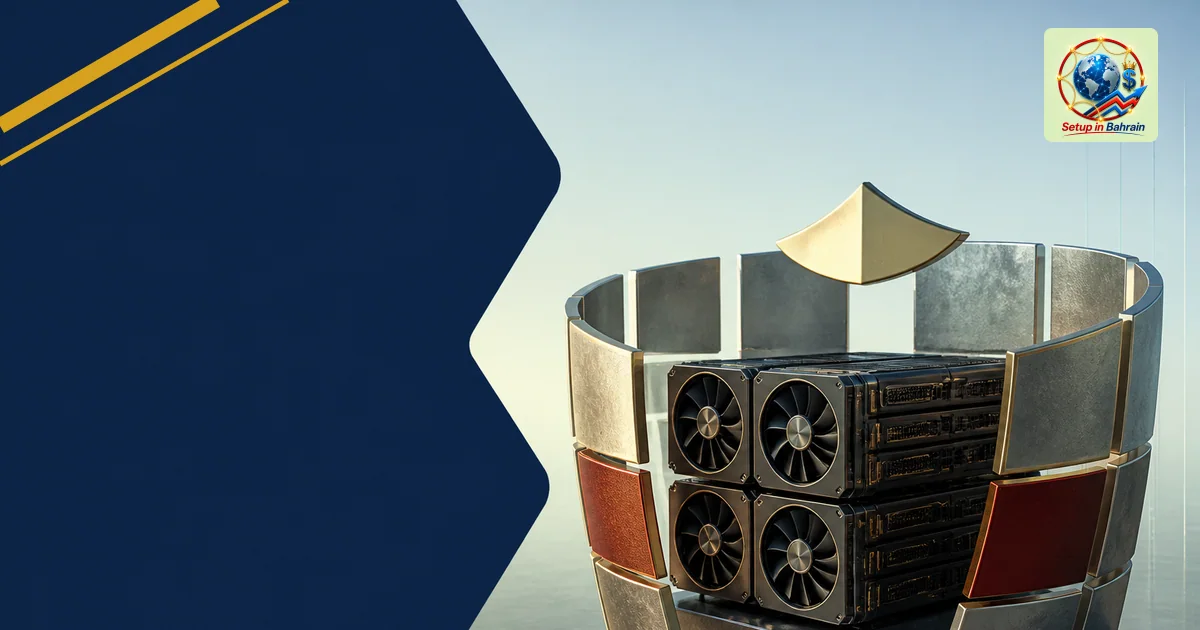 Editorial-style unbranded image featuring abstract GPU blocks forming a shield-like structure on the right, with a navy infor