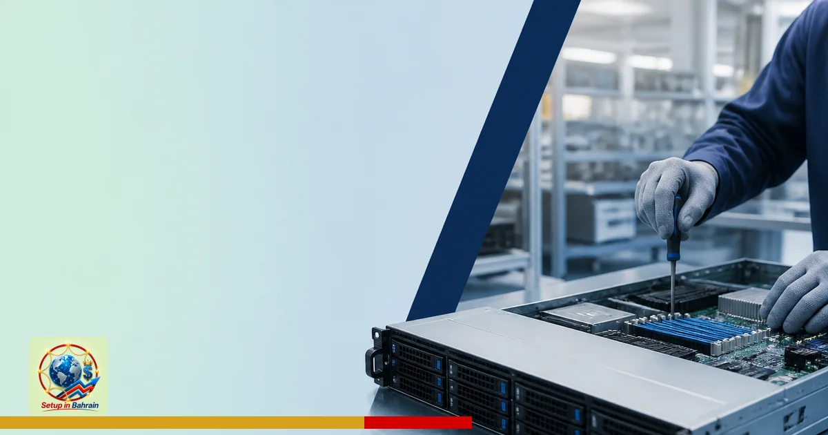 A single server rack being assembled on a manufacturing floor, with a clean, editorial aesthetic: a pale green-to-blue backgr