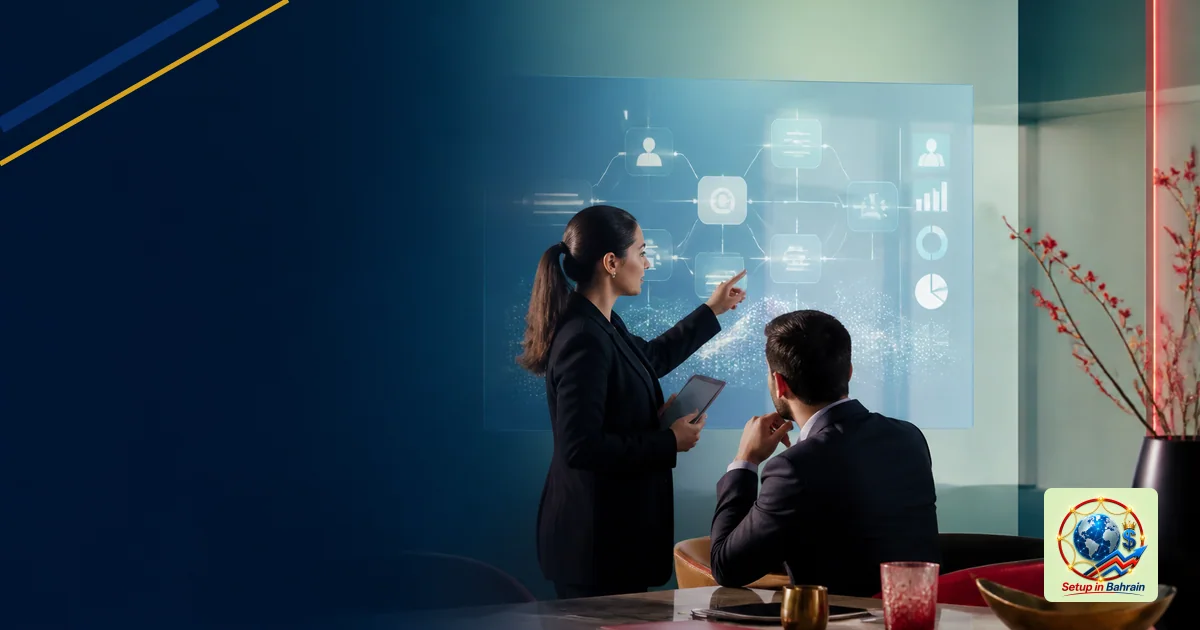 A professional, uncluttered office scene showing two people around a table with an abstract AI workflow interface projected o