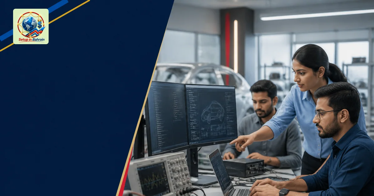 Editorial cover image of a Pune automotive engineering lab with three engineers at workstations, embedded hardware components