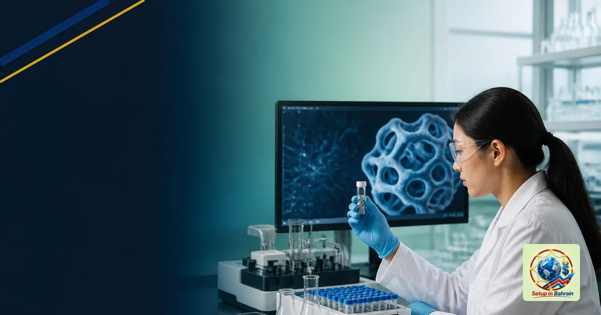 A single lab scientist examines polymer samples at a clean workspace, with a large monitor showing abstract AI design visuals