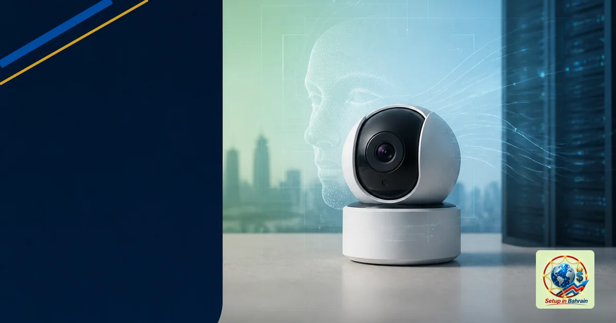 Editorial image showing a modern desk scene with a security camera and abstract AI overlay on the right, a navy information p