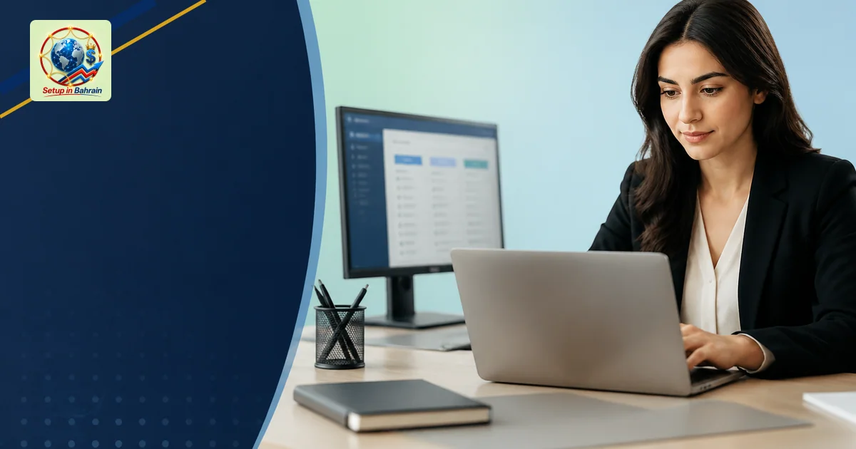 A professional seated at a clean desk in a modern office, looking at a laptop with an abstract filing software interface; a s
