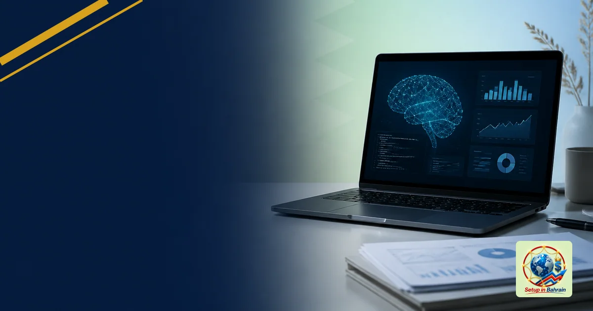 Unbranded editorial scene of a sleek desk with a laptop displaying abstract AI visuals, a neat stack of reports, and a subtle