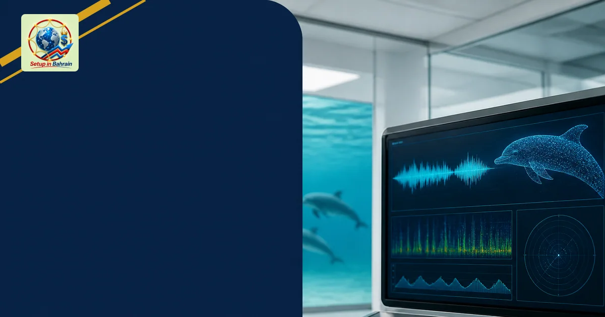 A clean, editorial scene showing a modern research space with an abstract AI interface displaying dolphin-like data visuals o