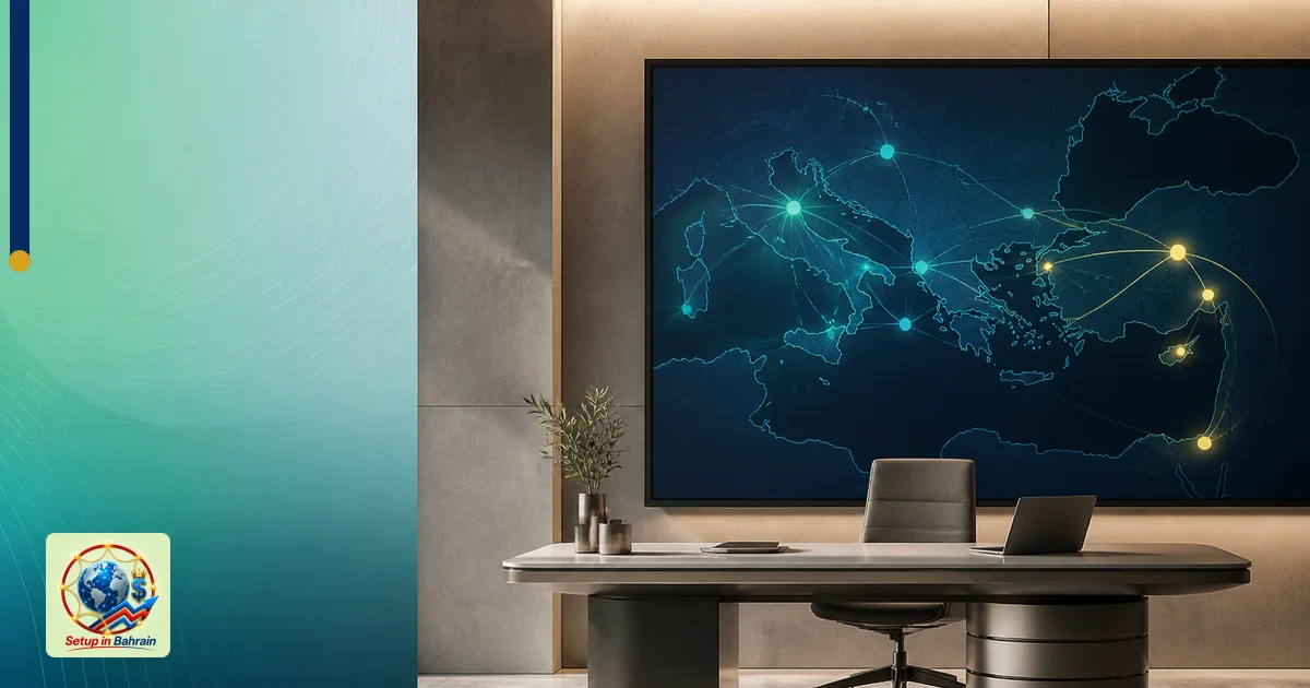 A modern editorial scene with a left information panel and a right-side abstract visualization showing cross-border investmen
