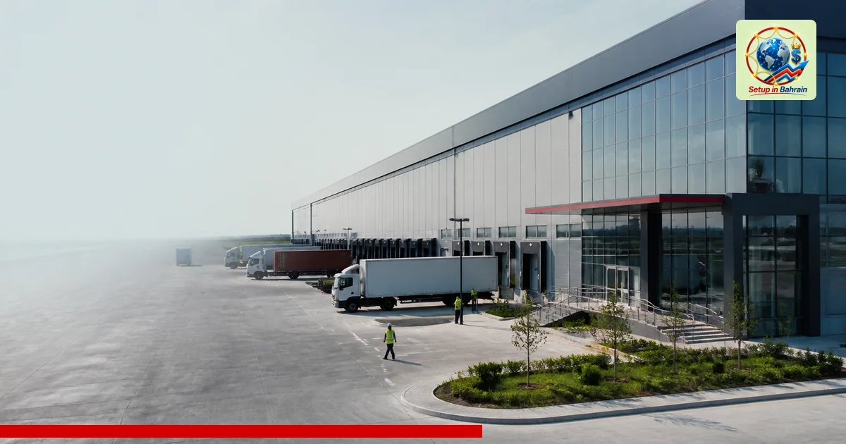Exterior view of a modern Abu Dhabi logistics hub with expansive forecourt, a few delivery trucks, and workers in high-visibi