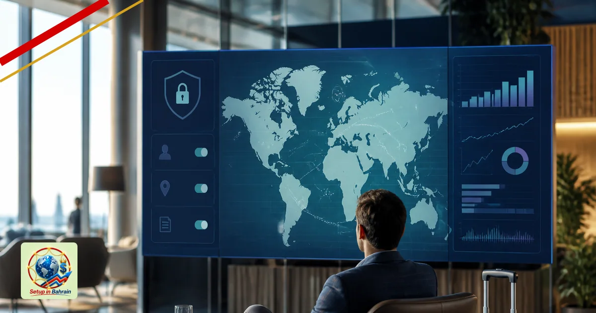 Editorial cover scene of a lone traveler in a modern airport lounge viewing a large digital map; a left navy information pane