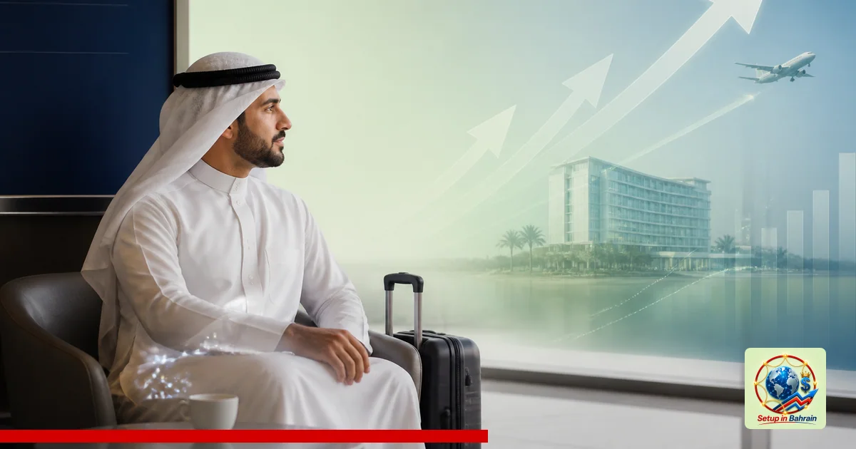 A single business traveler from Bahrain stands in a clean, modern lounge with a pale green-to-blue gradient background. To th