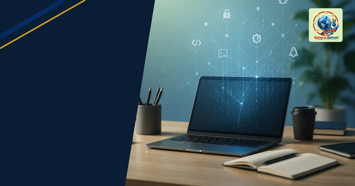 A modern Bahrain business desk scene with a laptop emitting abstract digital trails and interconnected network nodes, set aga