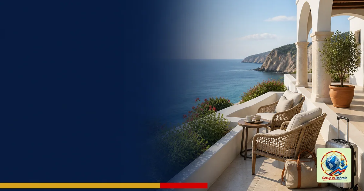 A pristine Mediterranean resort terrace overlooking a calm sea, symbolizing Cyprus tourism recovery; the left side reserved f
