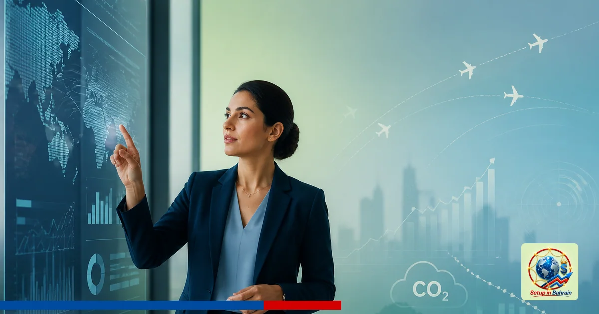 A solitary business professional stands beside a large translucent information panel in a modern office, with abstract aviati