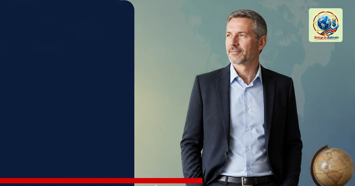 A clean editorial portrait in a conference-ready setup: a single professional figure on the right, with a strong navy informa