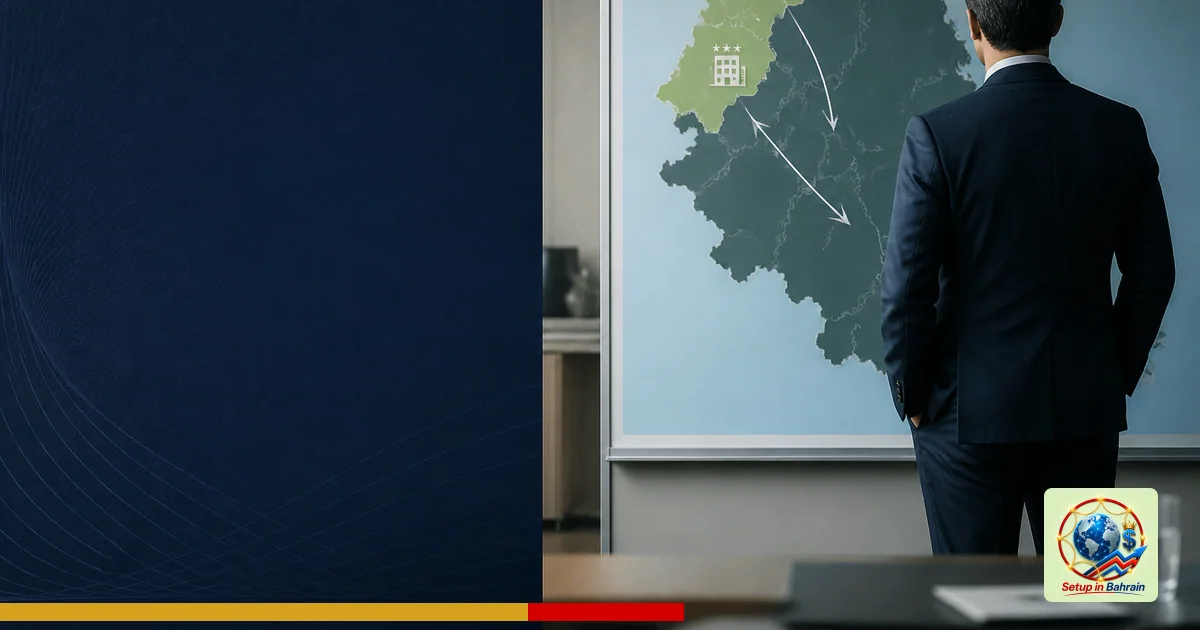 A solitary, anonymous executive stands beside a large strategy board in a modern hotel group office. The board highlights a m