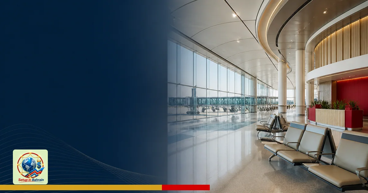 A modern airport concourse with distant jet bridges and empty gate areas, architectural curves and seating hinting at Termina