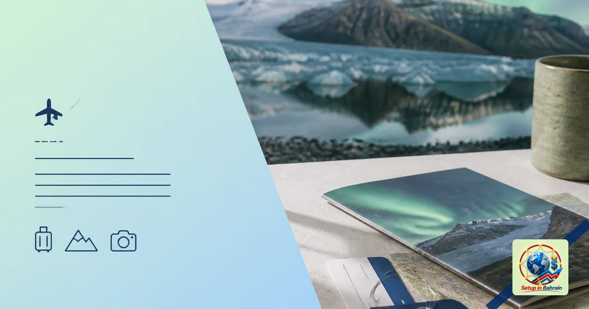 A clean editorial cover concept with a left navy information panel on a pale green-to-blue gradient, hinting at Iceland getaw