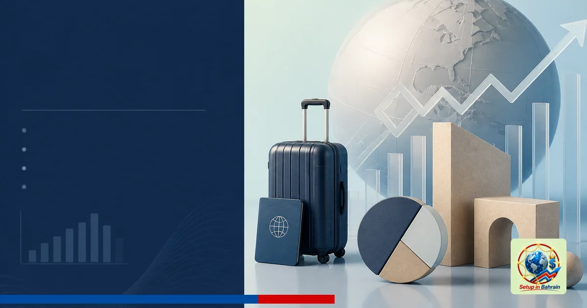 Editorial cover concept with a pale green-to-blue gradient background; a bold navy left panel for Bahraini business perspecti