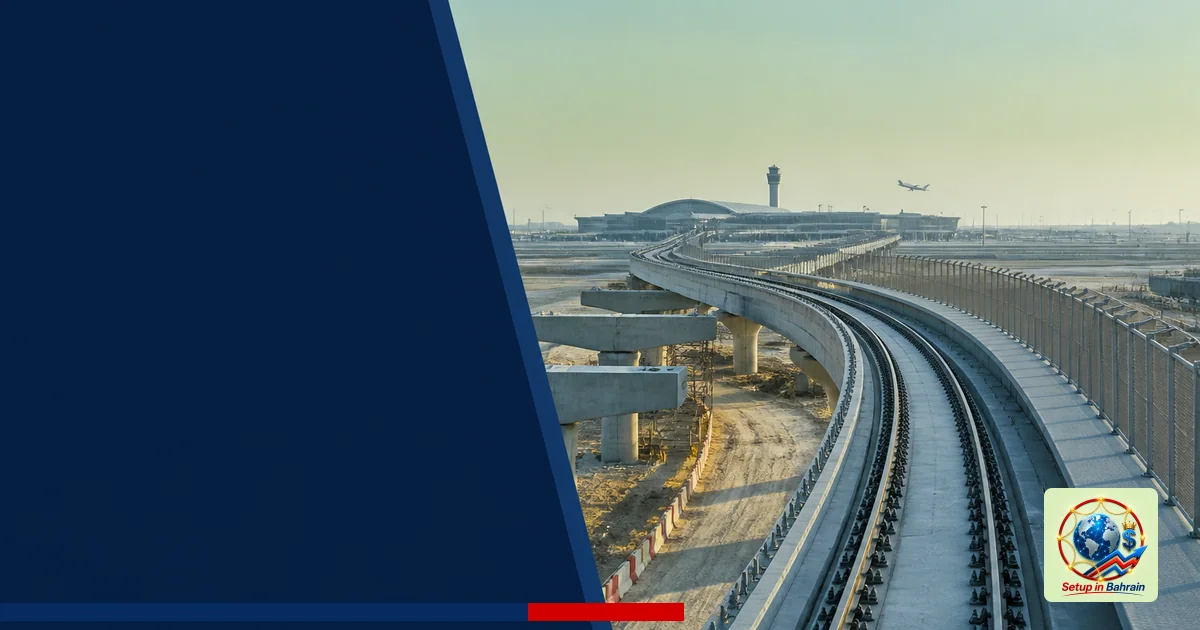 A clean editorial illustration showing an elevated railway track segment leading toward Melbourne Airport, with a distant air