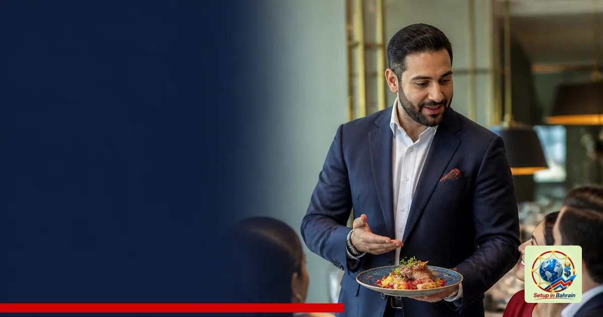 An editorial scene in a modern upscale restaurant featuring a Qatari entrepreneur presenting a signature dish to a small grou