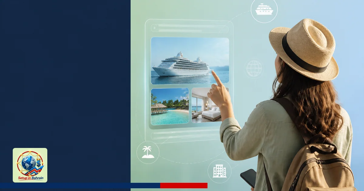 A clean editorial image with a left navy information panel and a right-side traveler planning a vacation on a digital interfa