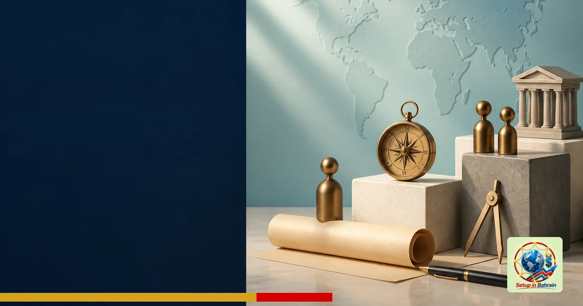 Editorial cover image with a left navy panel for text and a right symbolic visualization of governance and destination manage