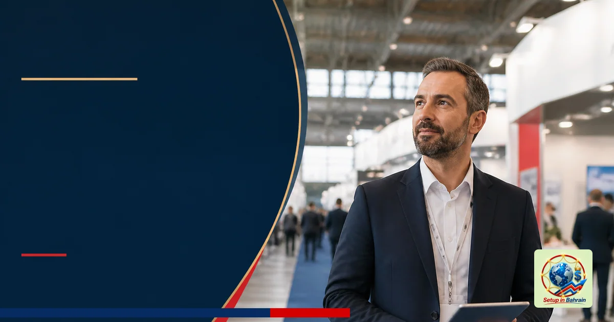 A clean editorial scene showing a lone travel industry professional presenting on a quiet trade-show floor. The left side fea