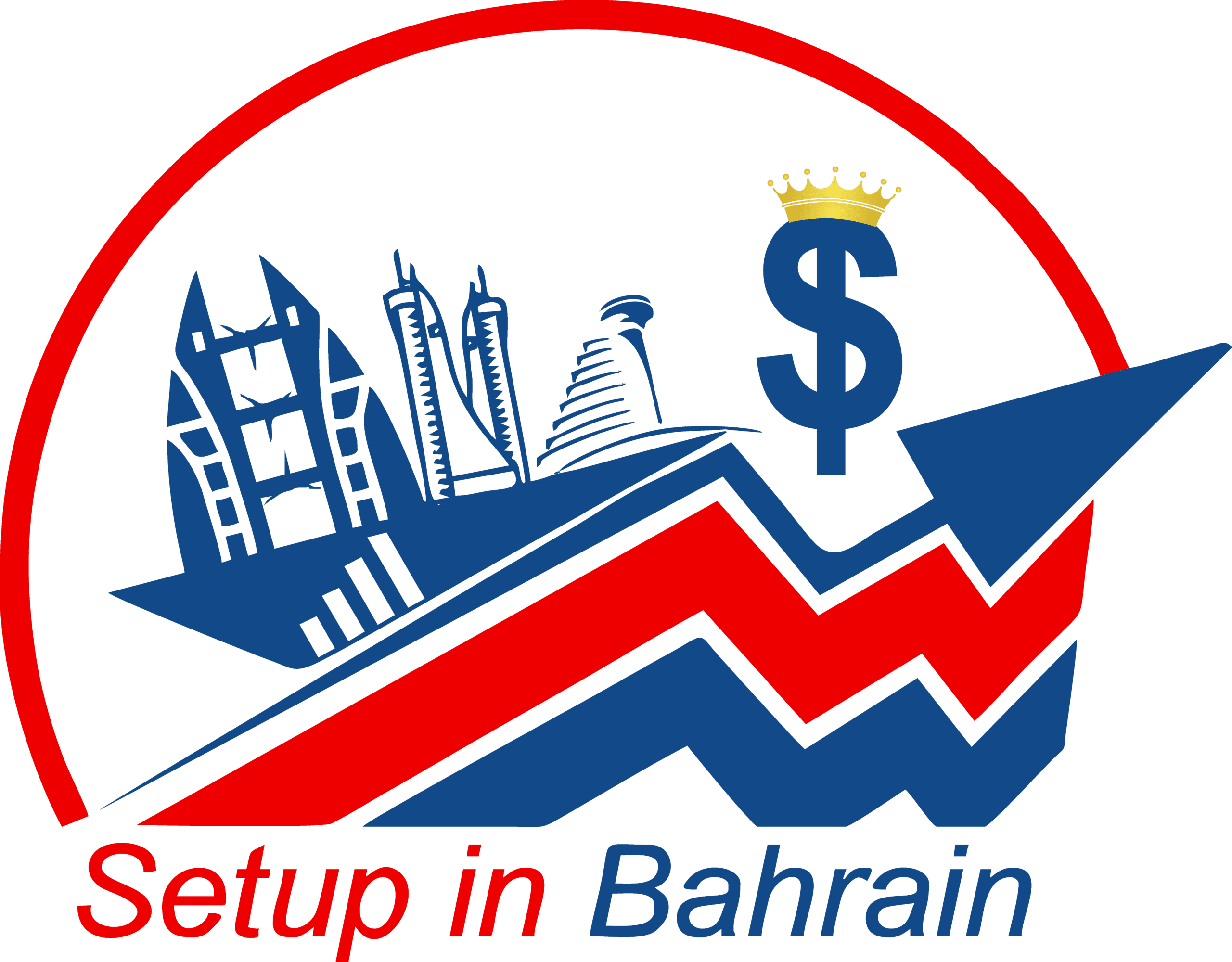Setup in Bahrain logo featuring the Manama skyline and financial growth symbols for company formation services.