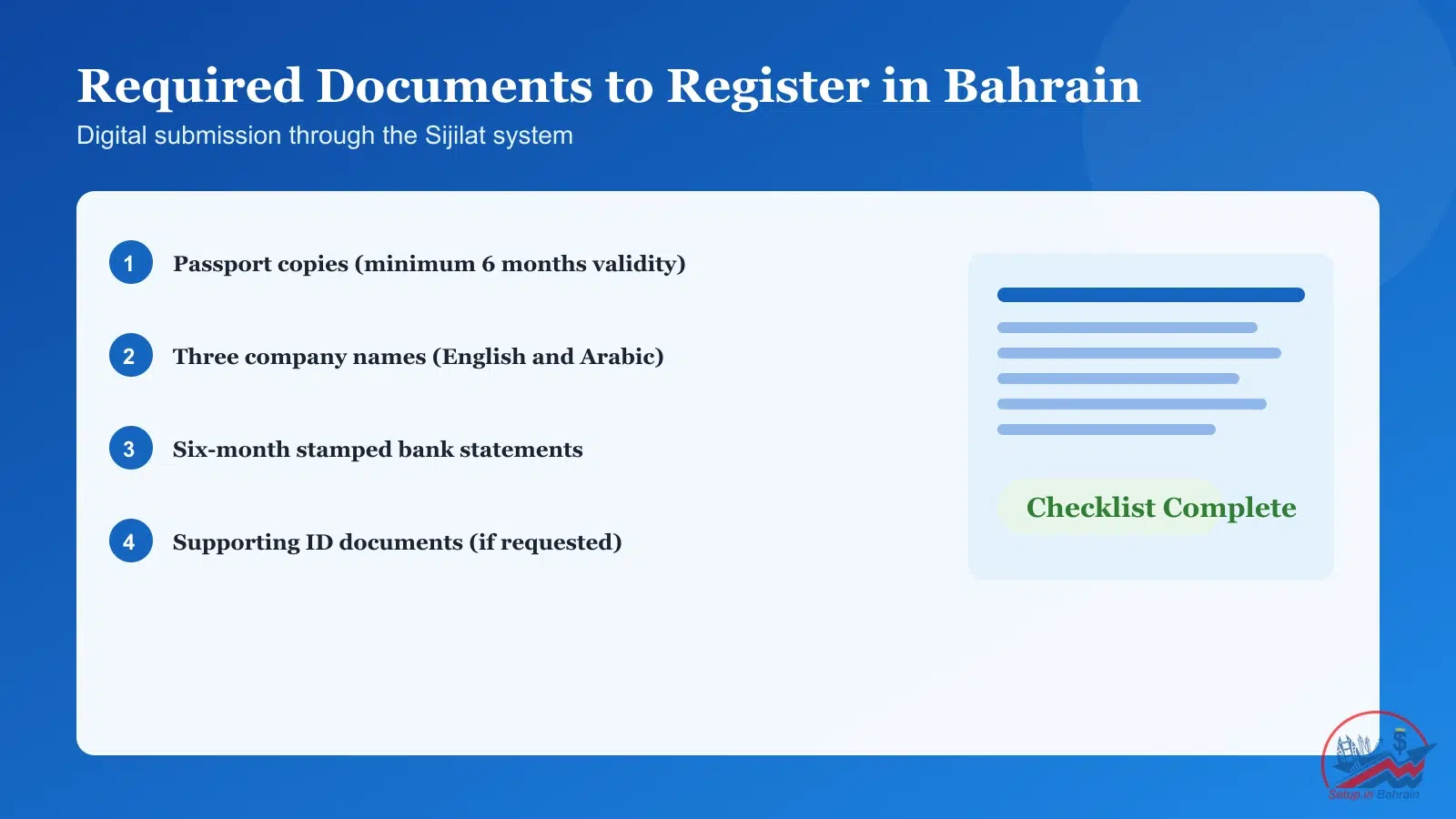 Checklist of required documents for Bahrain company registration including passport, company names, bank statements, and ID documents