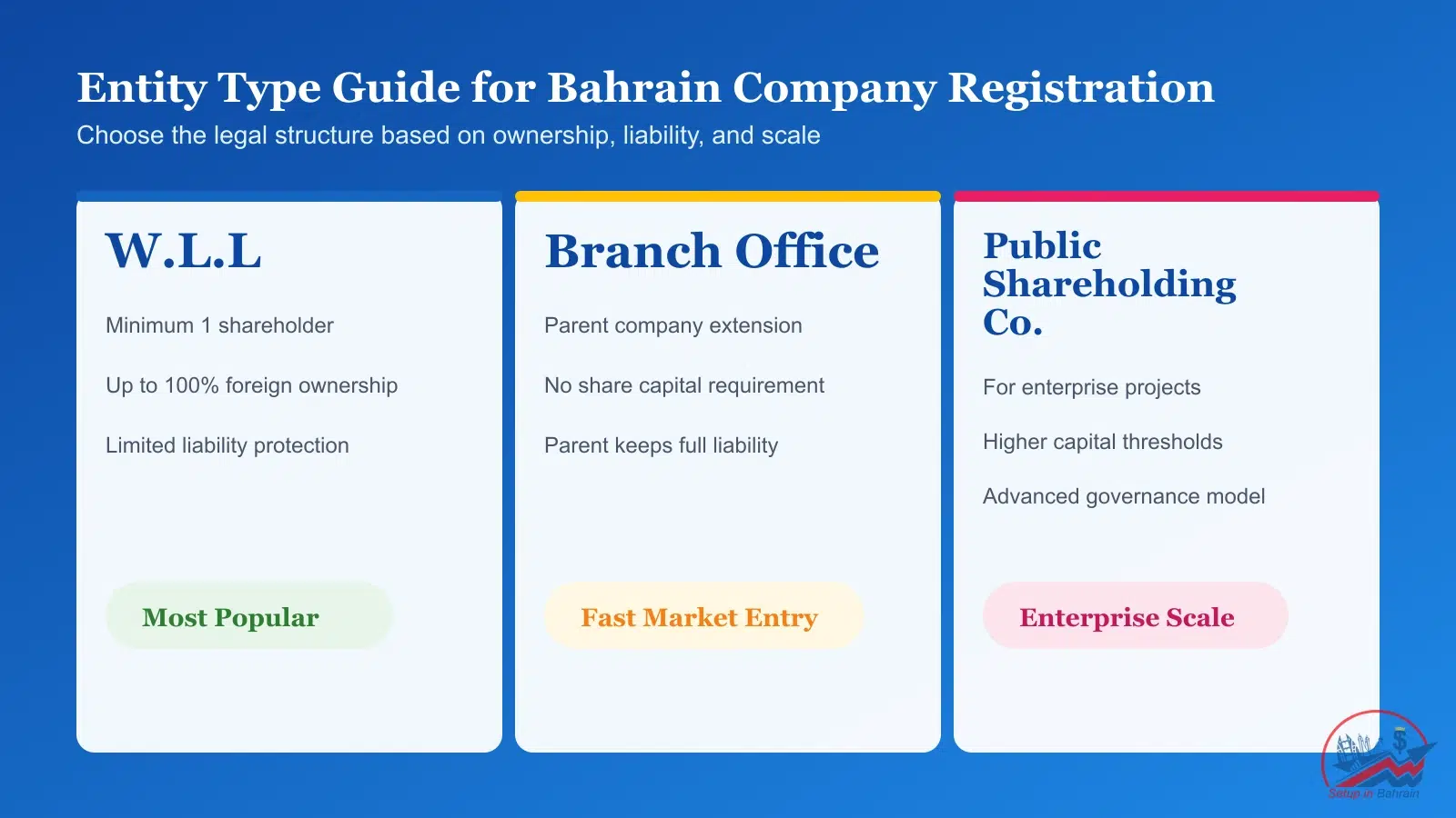 Comparison of Bahrain company types including W.L.L, Branch Office, and Public Shareholding Company